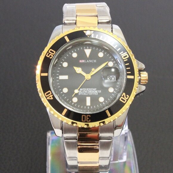 Men's Diver Style Watch Black Bezel Silver Gold Tone 40mm - Picture 3 of 14